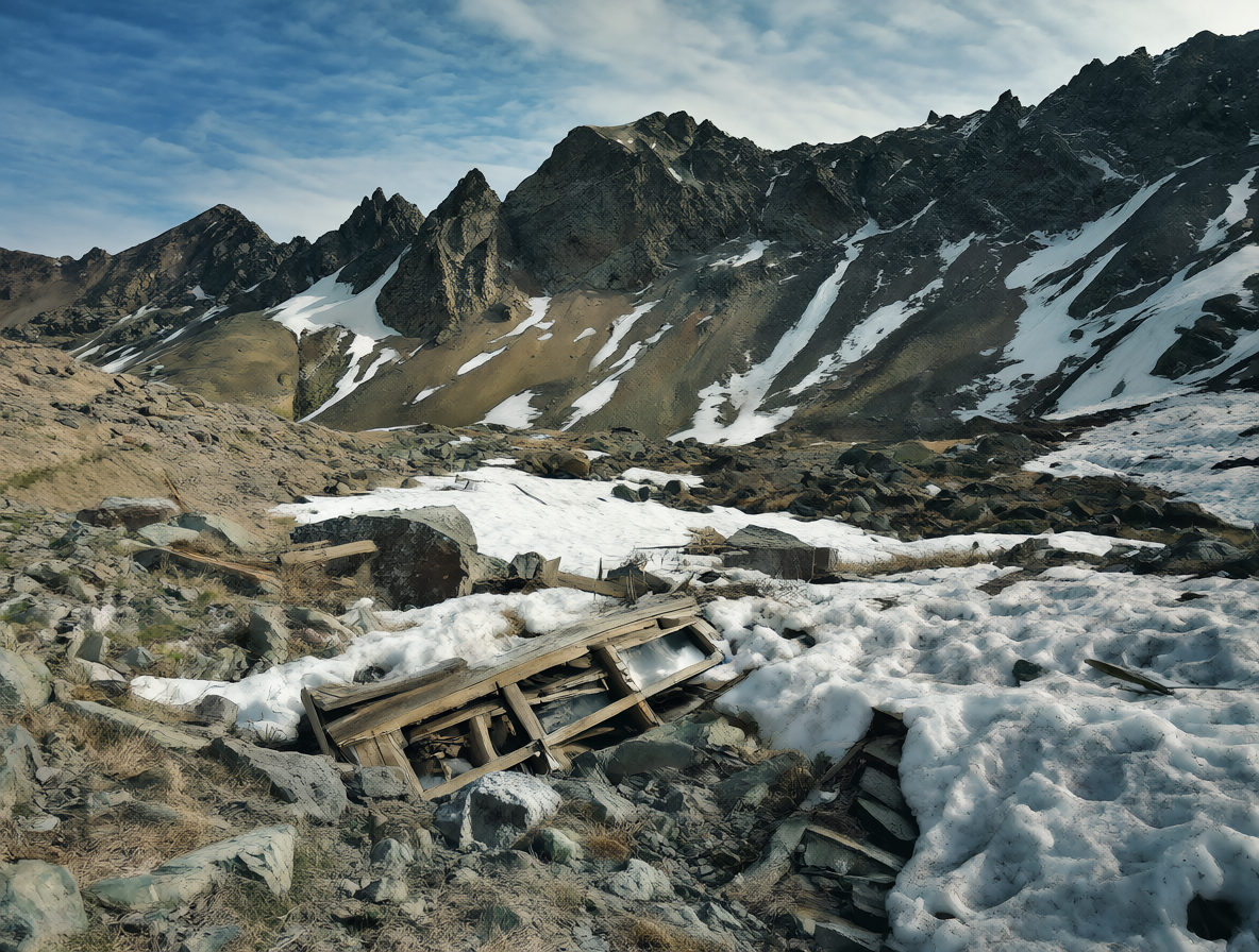 Montañas nevadas con una estructura de madera oculta