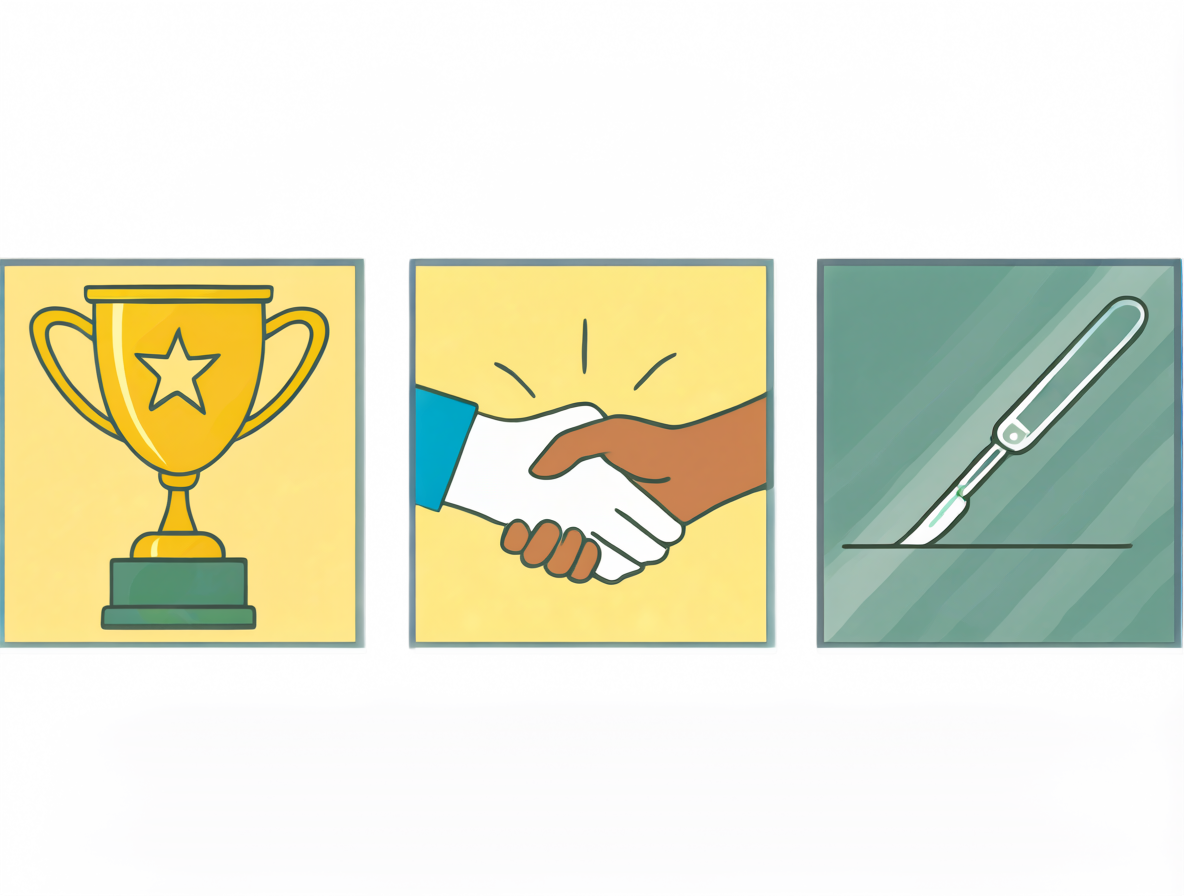 Iconos representando ganar, cerrar y cuestionar quirúrgicamente