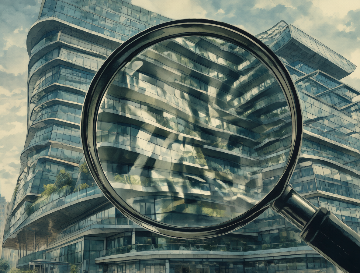 Edificio periodístico con una lupa sobre él mostrando sombras y confusión en su interior, simbolizando la dificultad actual para investigar el poder real.