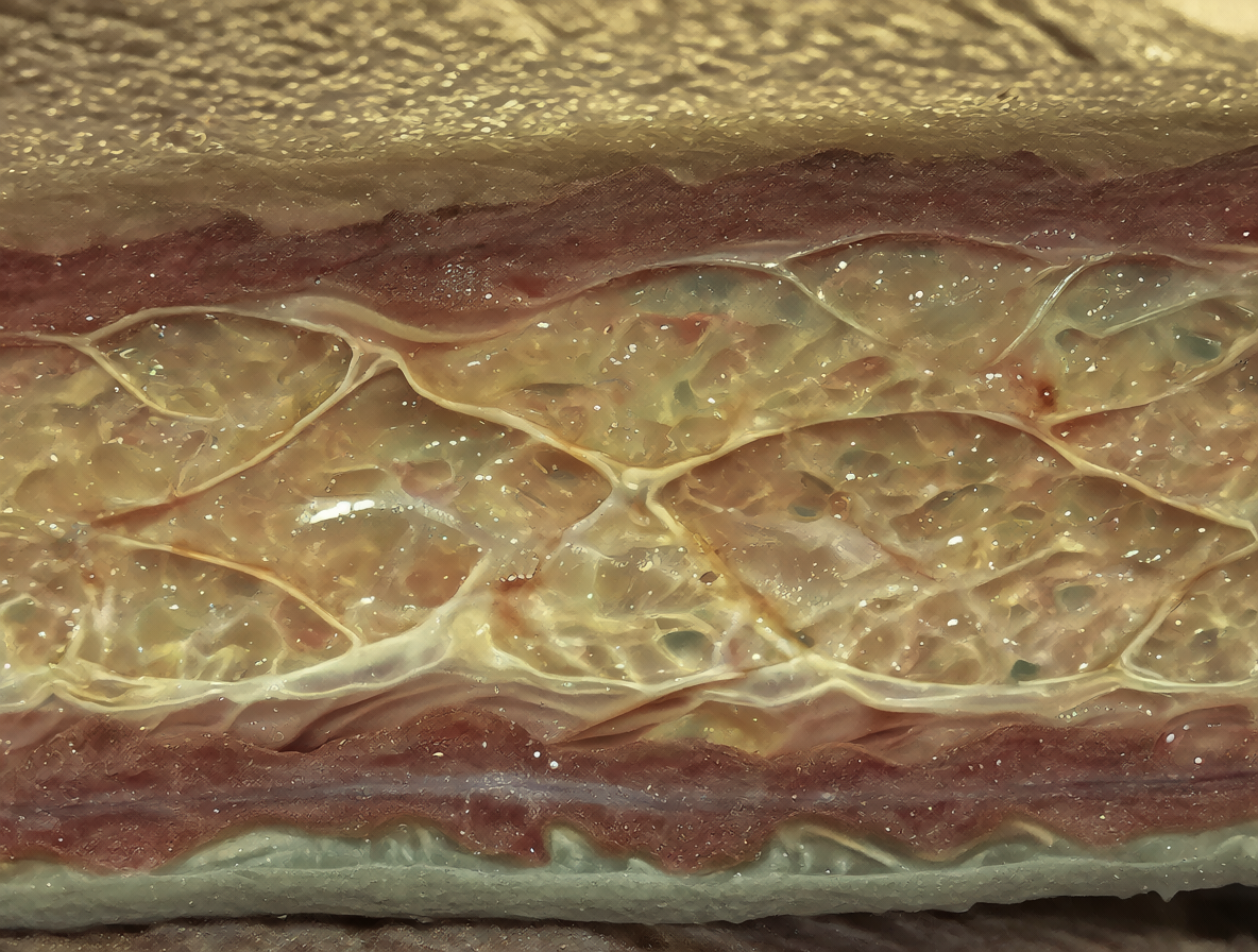Imagen macroscópica de una mano humana mostrando las capas de tejido graso y muscular bajo la piel.