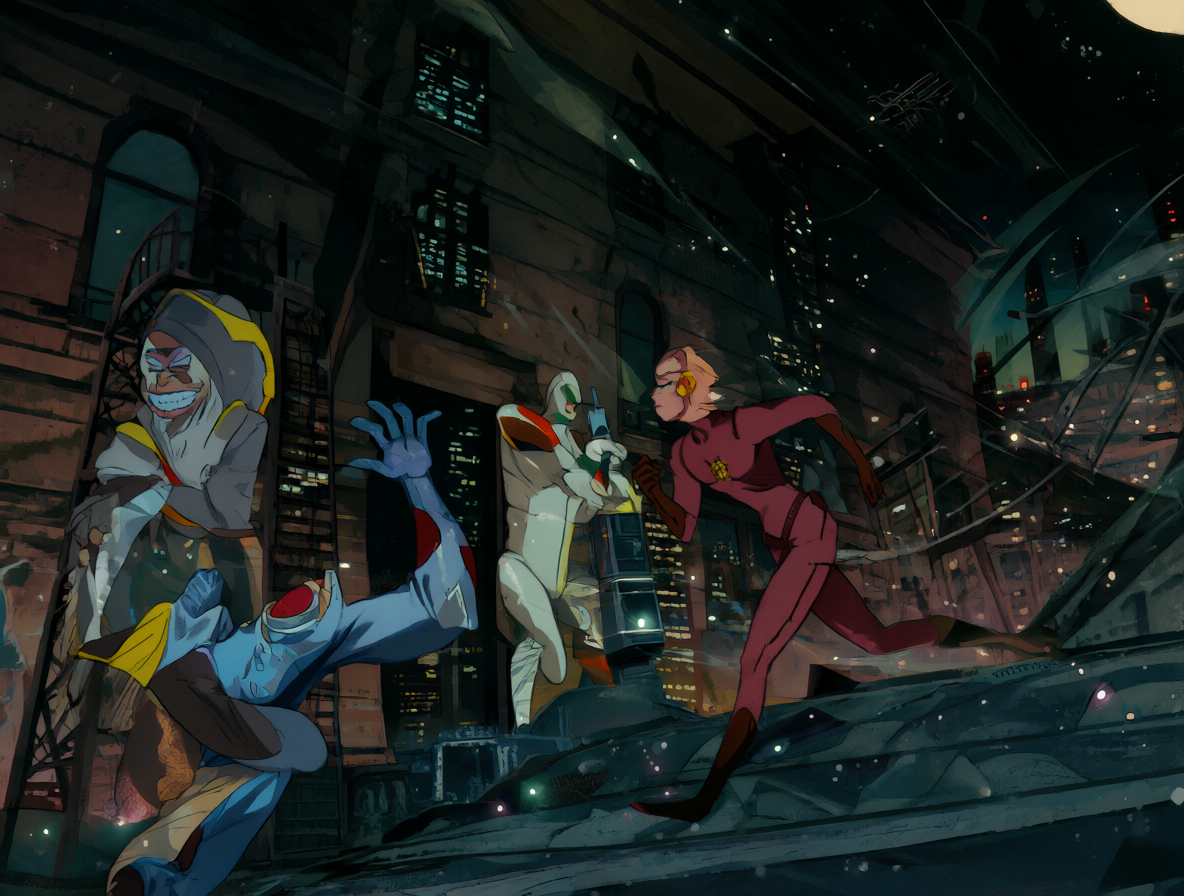 Barry Allen corriendo rápido mientras dos villanos lo miran