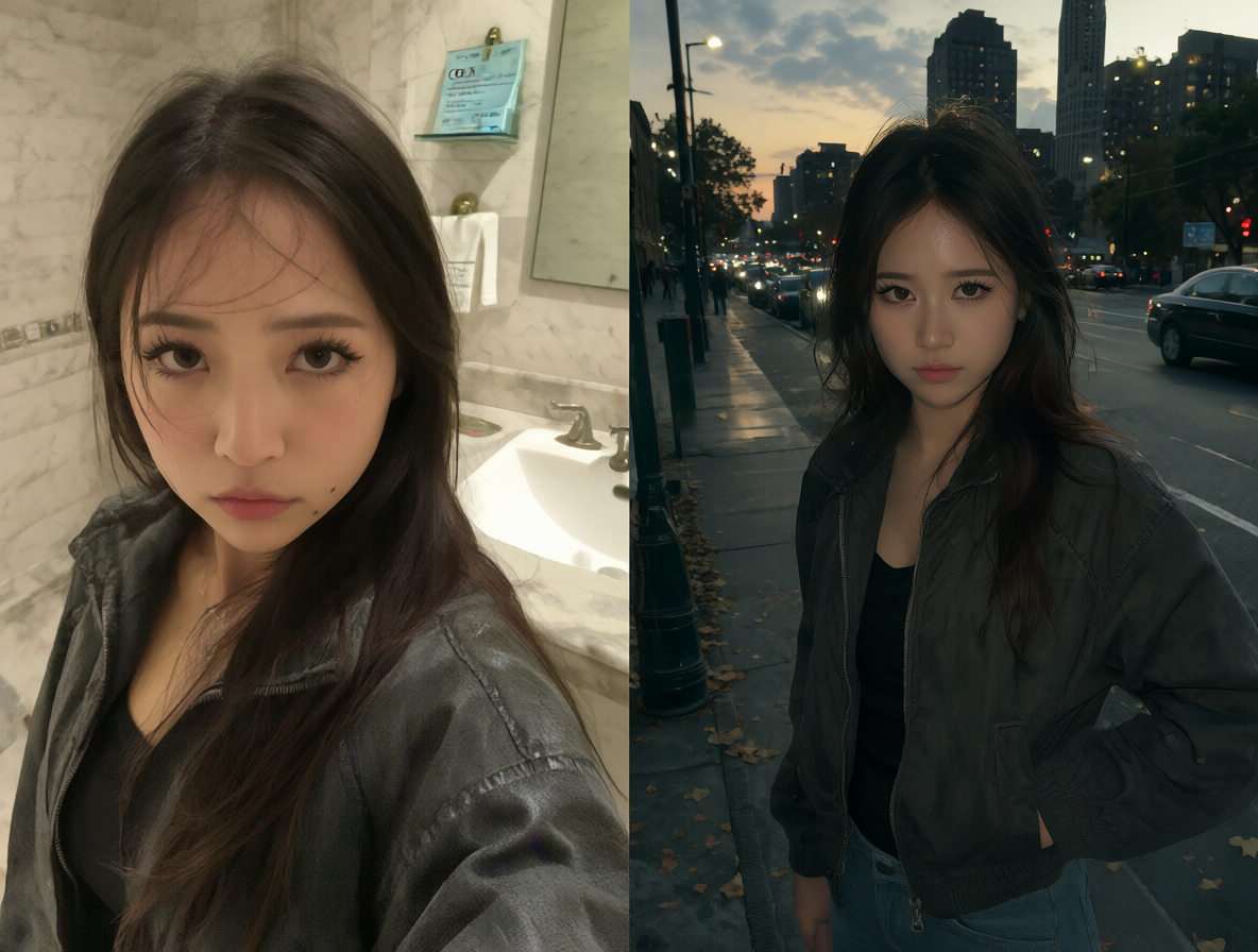 Split composition showing a raw selfie transforming into a polished AI portrait