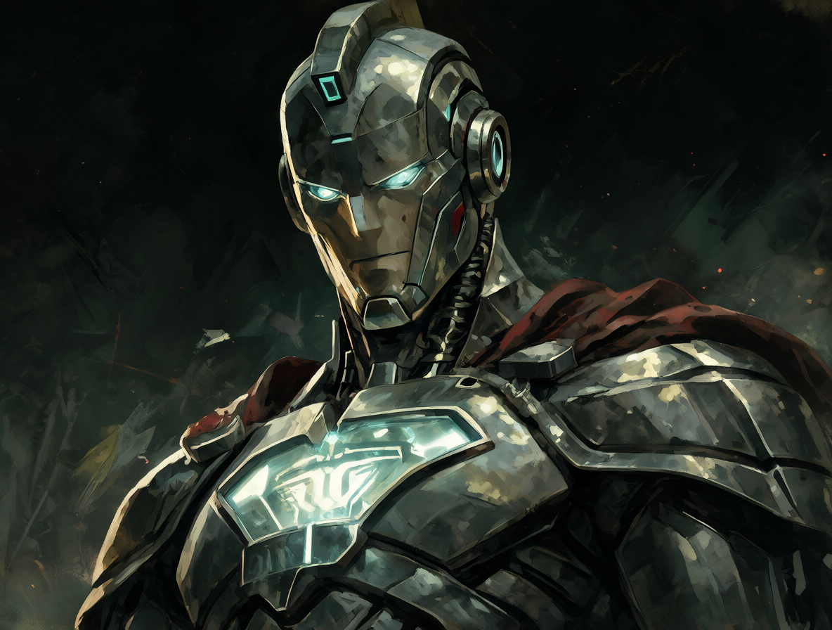 Ilustración detallada de Hank Henshaw como Cyborg Superman en una pose imponente y oscura.
