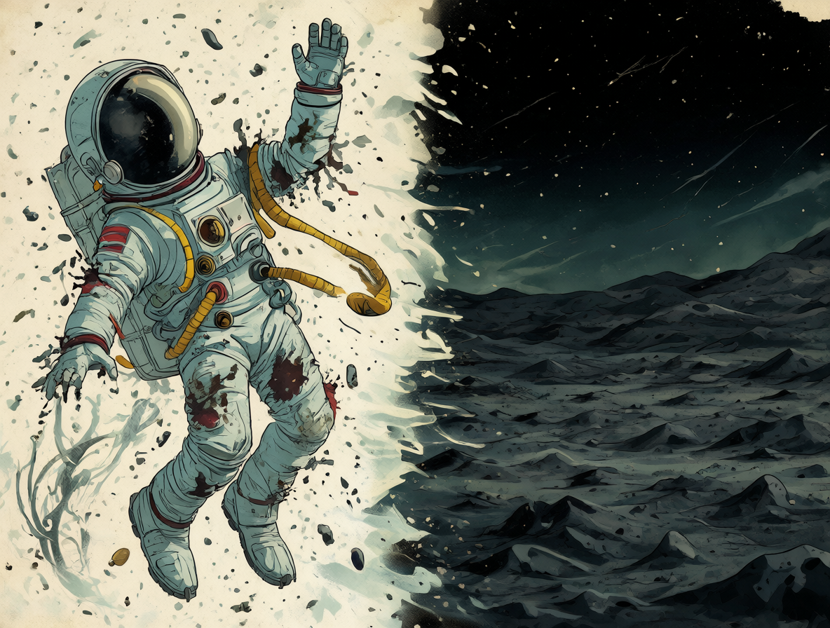Imagen dividida mostrando un astronauta en gravedad cero y un paisaje oscuro representando su trauma interno.