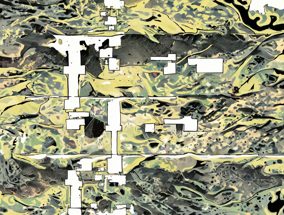 Ilustración estilizada de una estructura narrativa fragmentada con espacios vacíos y sombras.