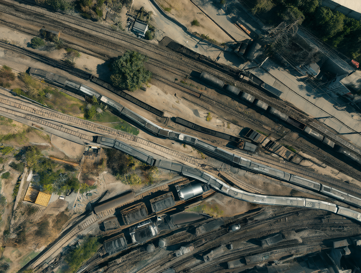 Vista aérea de trenes de metro y trenes de carga separados