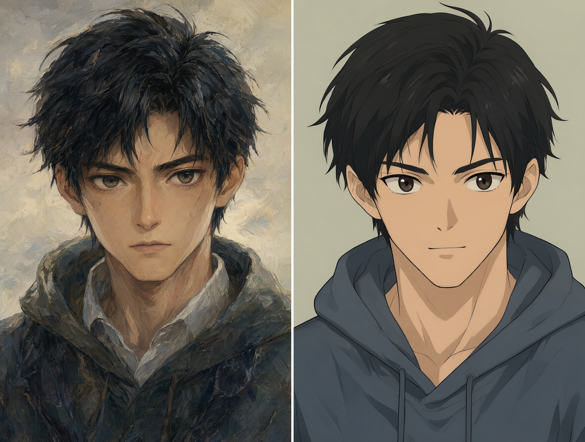 Imagen dividida mostrando la transformación de un arte complejo a una estética industrial de anime TV