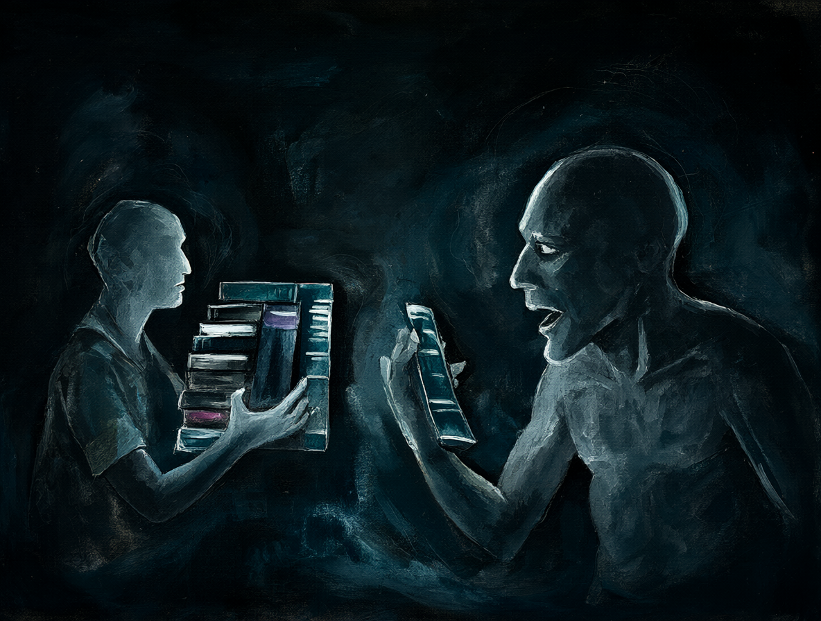 Arte abstracto representando la tensión entre la intención narrativa original y la distorsión social que lleva a culpar a otros.