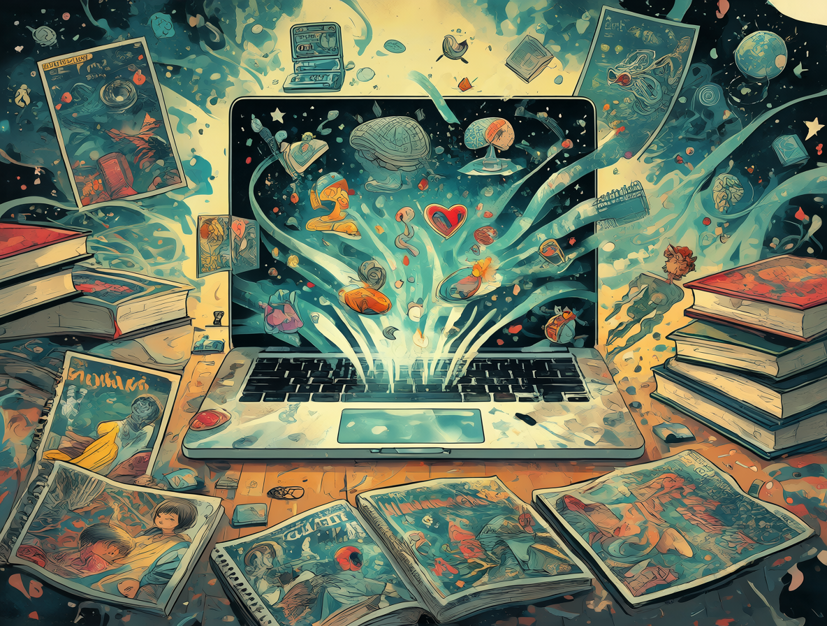 Computadora portátil mostrando herramientas de traducción offline rodeada de libros y cómics