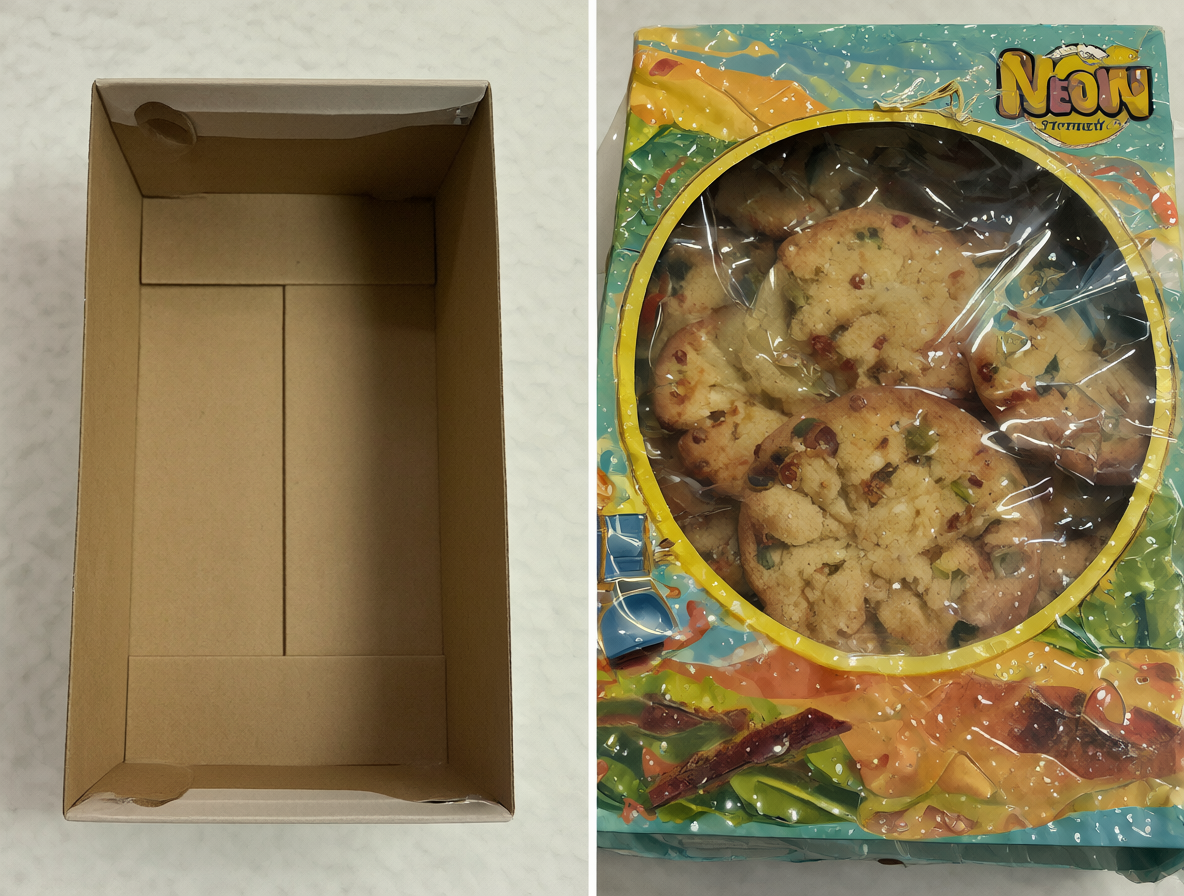 An illustration comparing an open, empty shoe box with a commercial cookie box to show their different purposes.