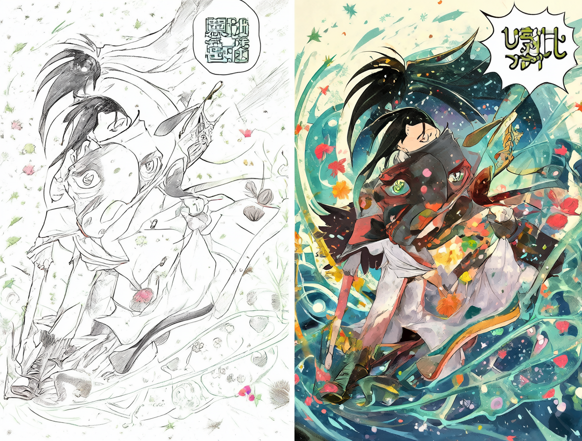 Vista de herramientas digitales mostrando una página de manga en blanco y negro junto a una imagen de referencia coloreada del mismo personaje, con el software aplicando la colorización para mantener los colores idénticos entre ambas imágenes.