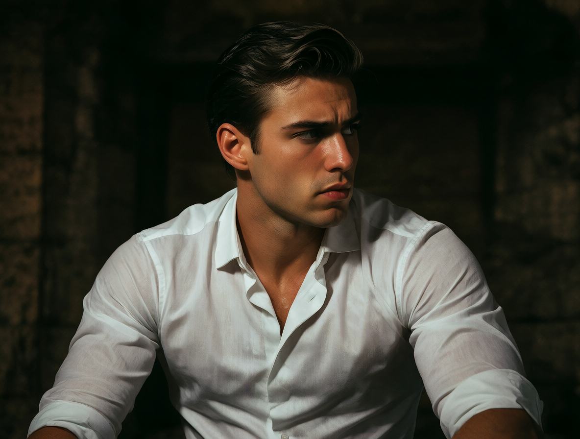Retrato de un hombre guapo trabajando con concentración absoluta, iluminado por luz dramática.