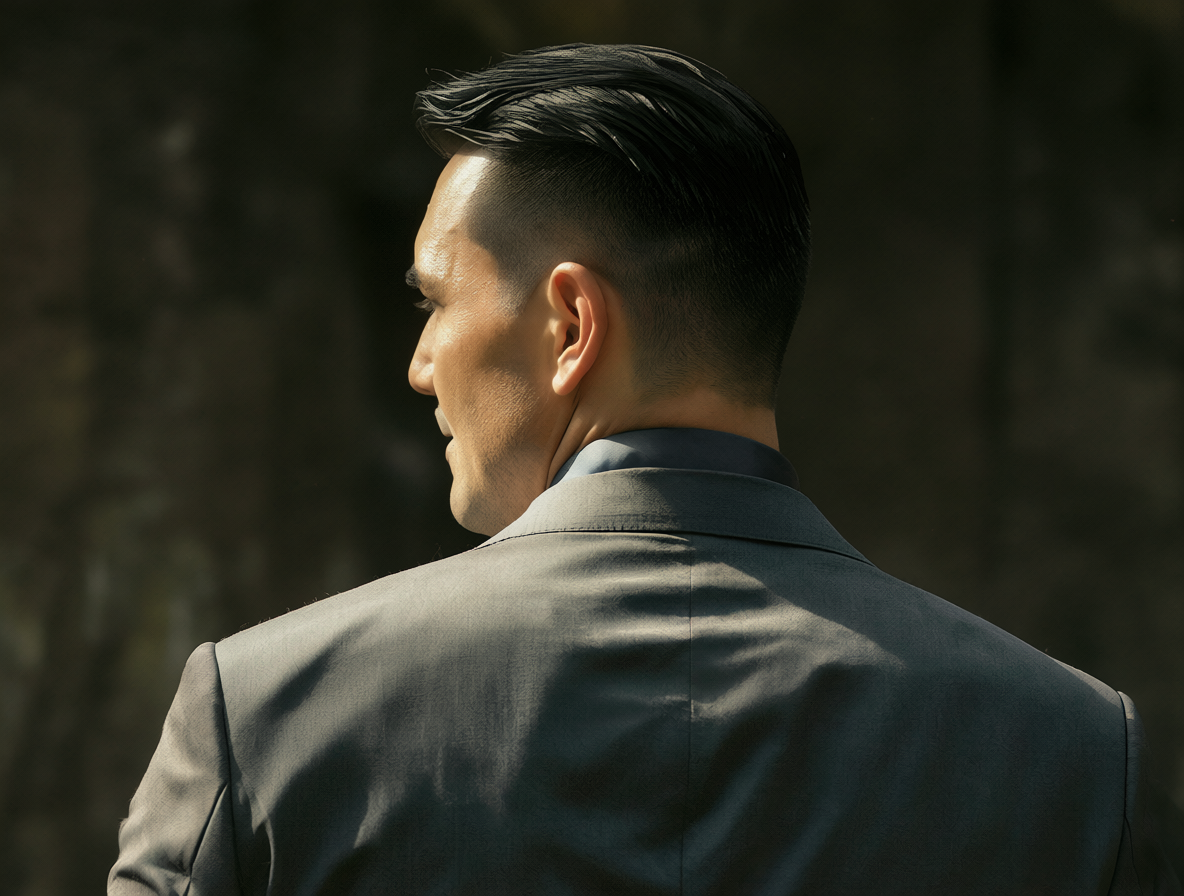 Vista de perfil de un hombre con una chaqueta bien ajustada que marca su espalda ancha.