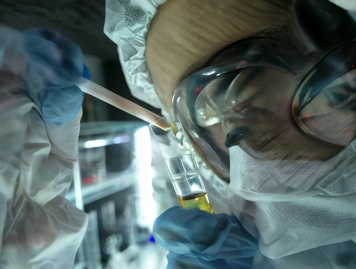 Técnico de laboratorio analizando una muestra de ADN bajo luces brillantes.
