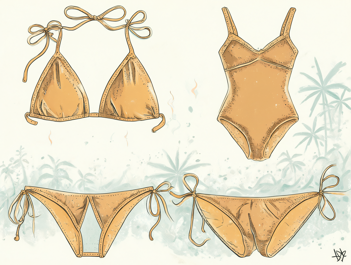 Varios trajes de baño genéricos dispuestos para mostrar sus formas básicas.