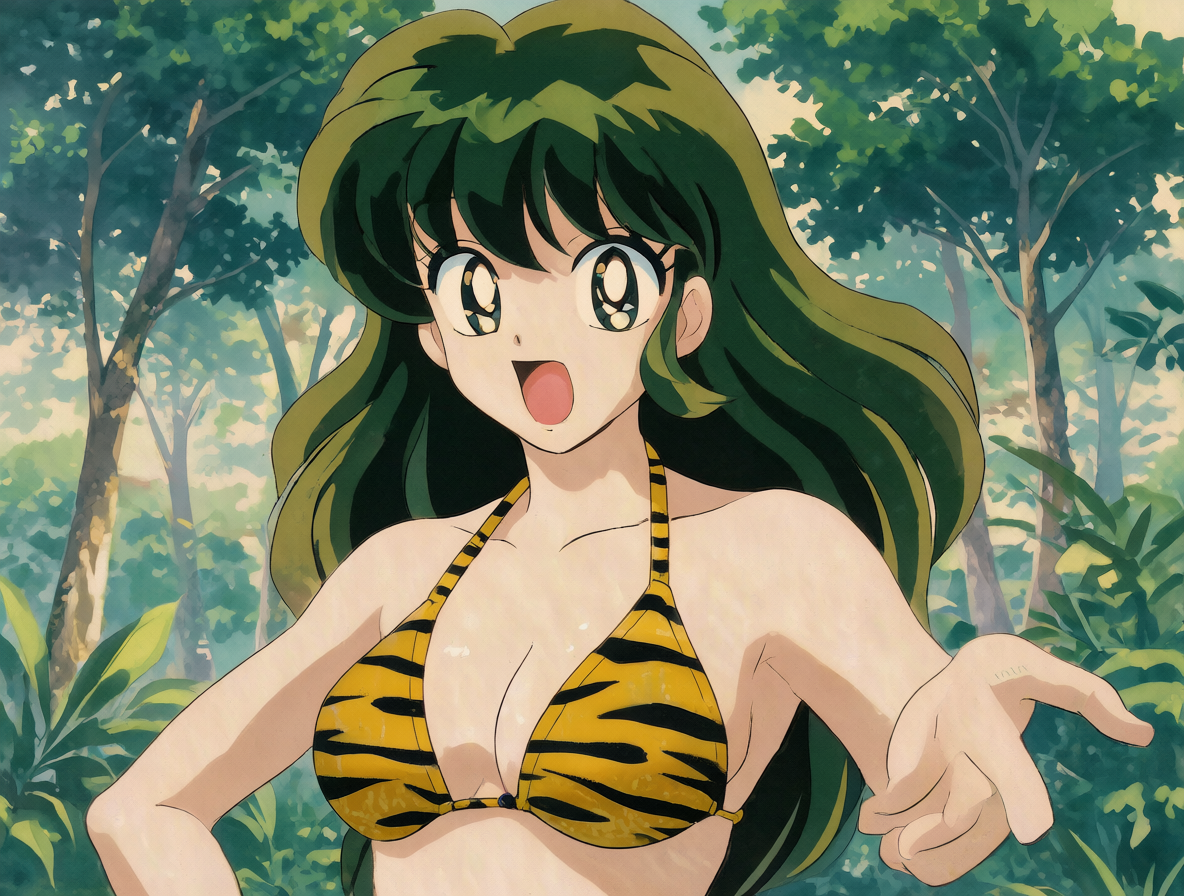 Lum vistiendo su traje de baño de rayas de tigre strapless.