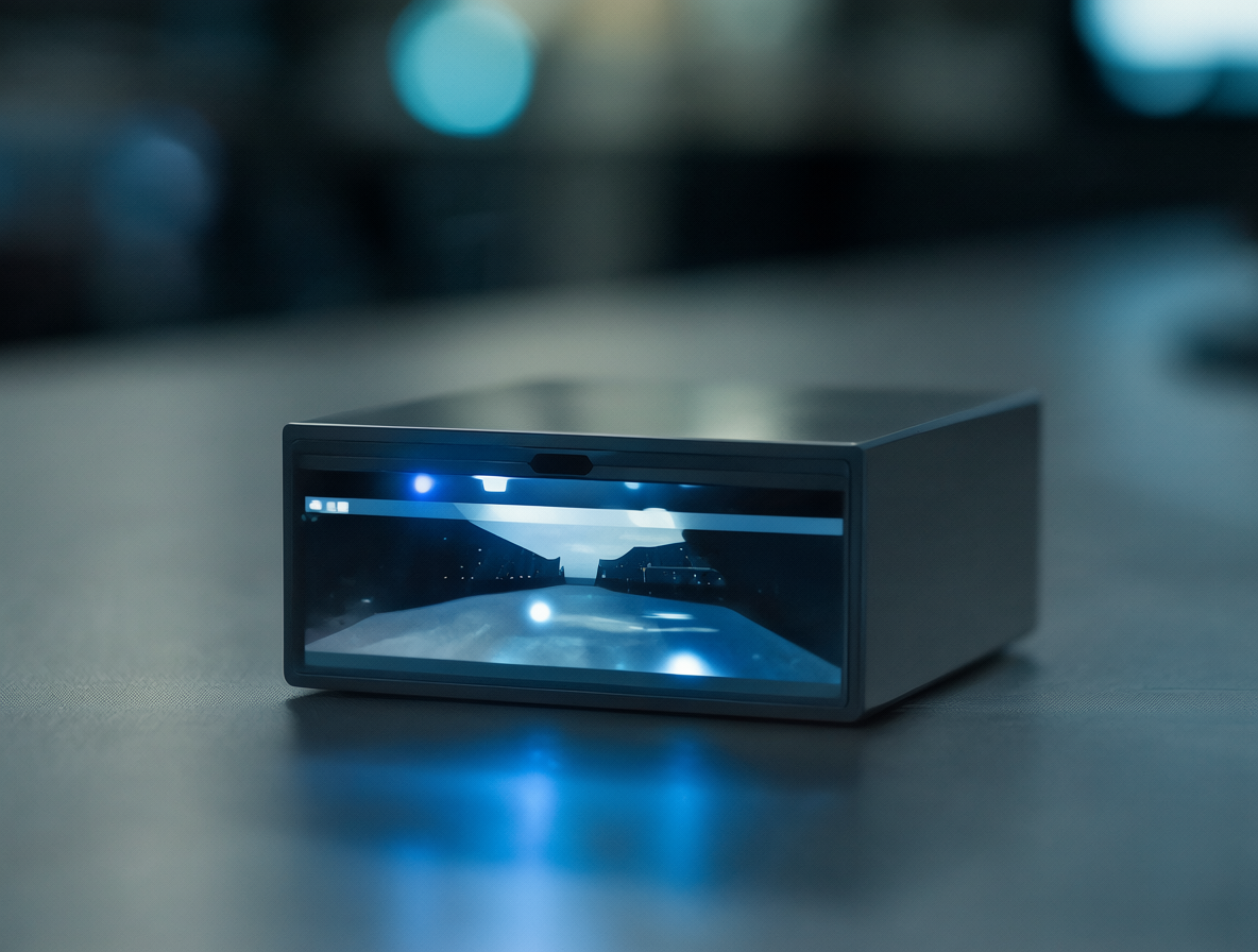 Close-up of a sleek Zero Client device with glowing blue lights in an office setting