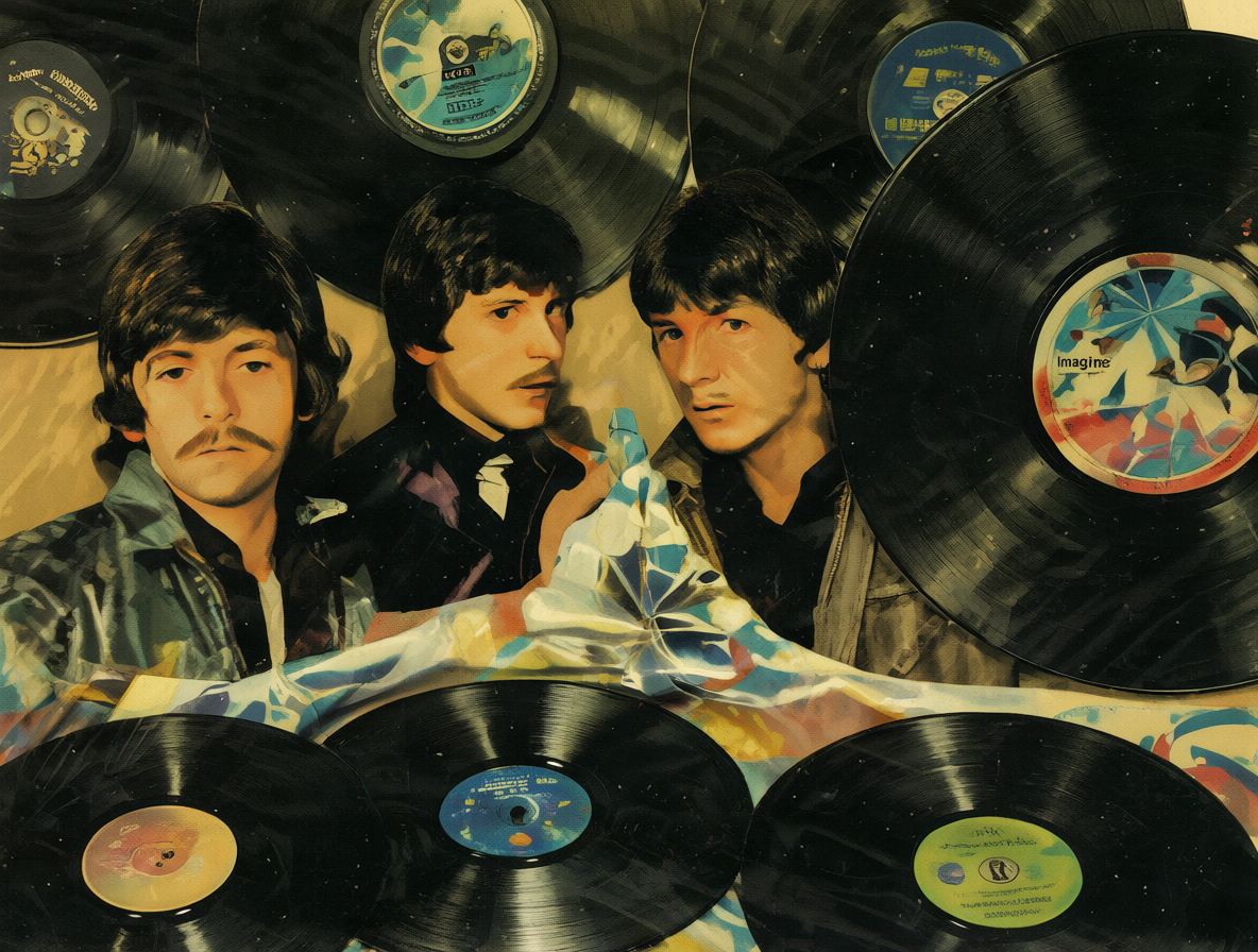 Foto vintage de los Beatles con discos de sus canciones solistas.