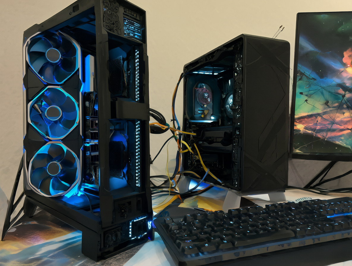 Dos torres de computadora conectadas por cable de red. La torre izquierda tiene una tarjeta gráfica grande azul brillante, la derecha es más pequeña con dos tarjetas gráficas visibles.