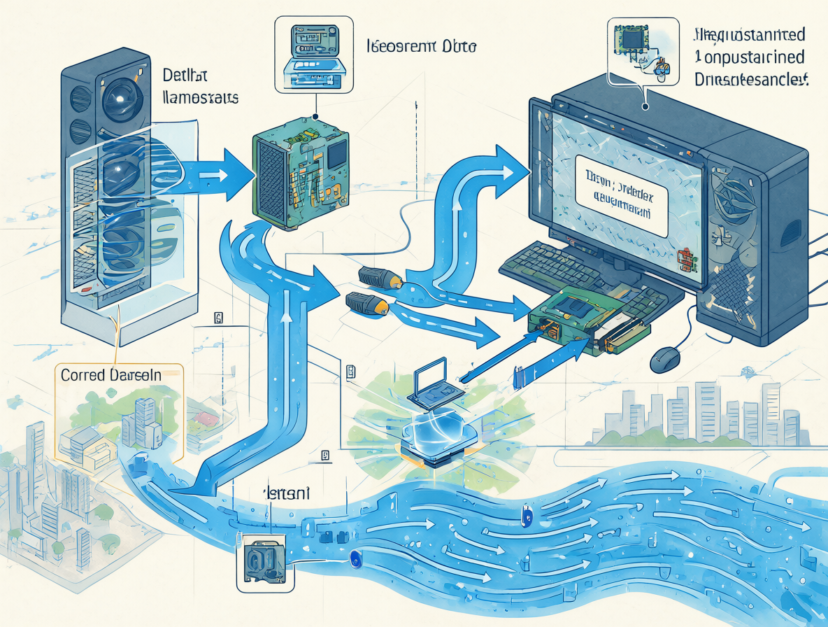 Un diagrama técnico con flechas azules gruesas conectando dos cajas que representan computadoras, mostrando cómo los datos fluyen desde el sistema principal hacia un worker secundario a través de una conexión de red gigabit.