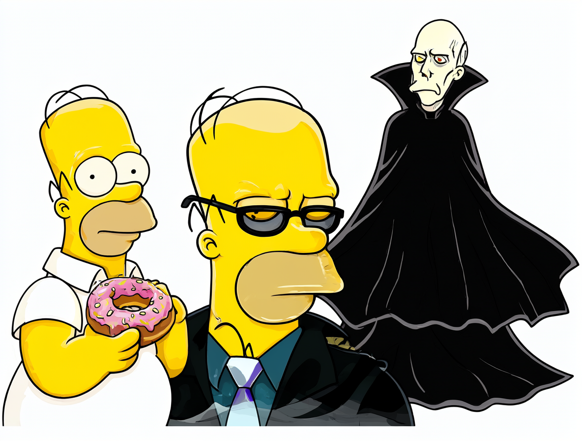 Ilustración de un collage con Homero Simpson, Lex Luthor y Voldemort