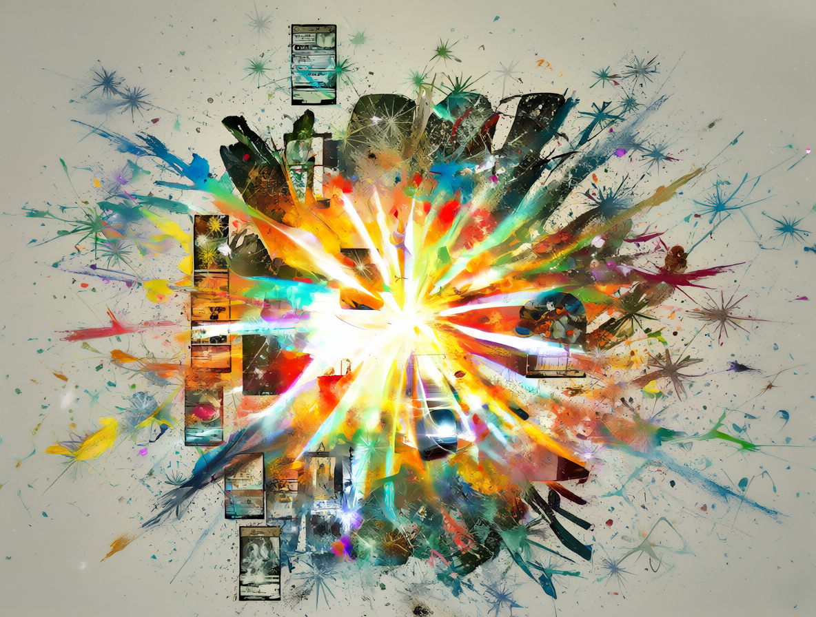 Ilustración abstracta donde una explosión real es filtrada por capas digitales hasta parecer un espectáculo visual sin dolor.