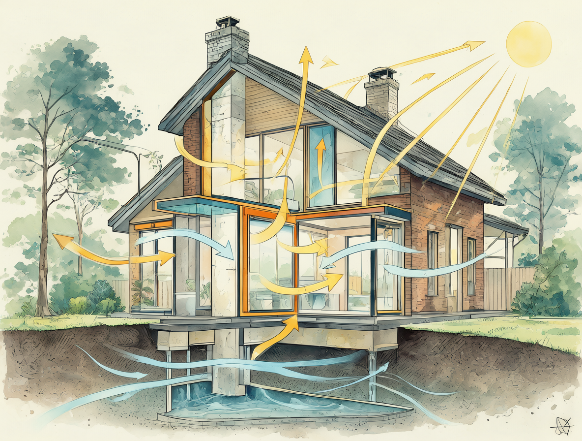 Diagrama esquemático mostrando cómo se mueve el calor a través de las rendijas de una casa moderna.