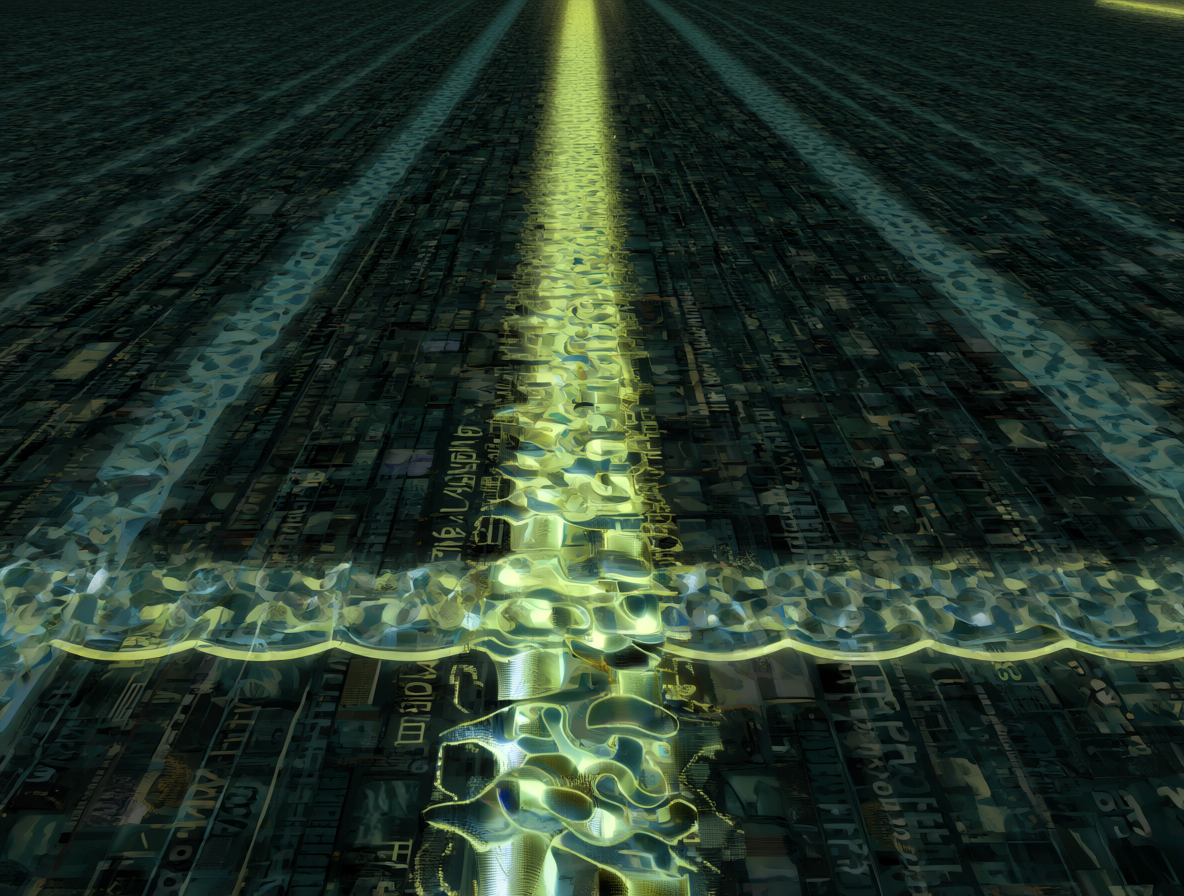 Vista detallada de una cadena de bloques digital estirándose infinitamente hacia la distancia, mostrando el crecimiento del log.