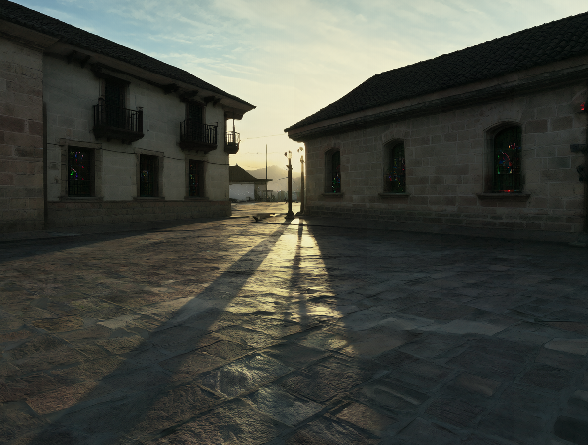 Plaza colonial antigua al atardecer con edificios de piedra y luces tenues en las ventanas.