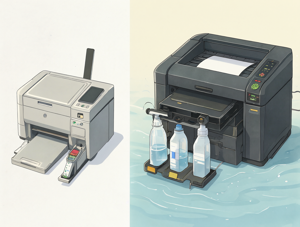 Ilustración dividida mostrando dos tipos de impresoras: una con cartuchos estándar y otra con tanques de tinta rellenables.