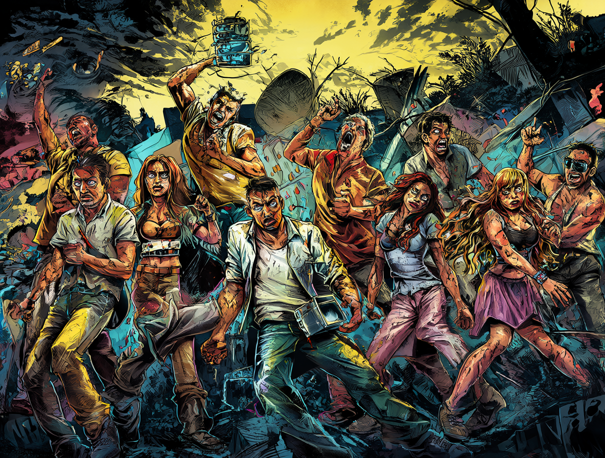 Ilustración vibrante y de alta calidad de la escena del apocalipsis zombie de la serie Community, donde los personajes bailan al ritmo de música ABBA en medio del caos.