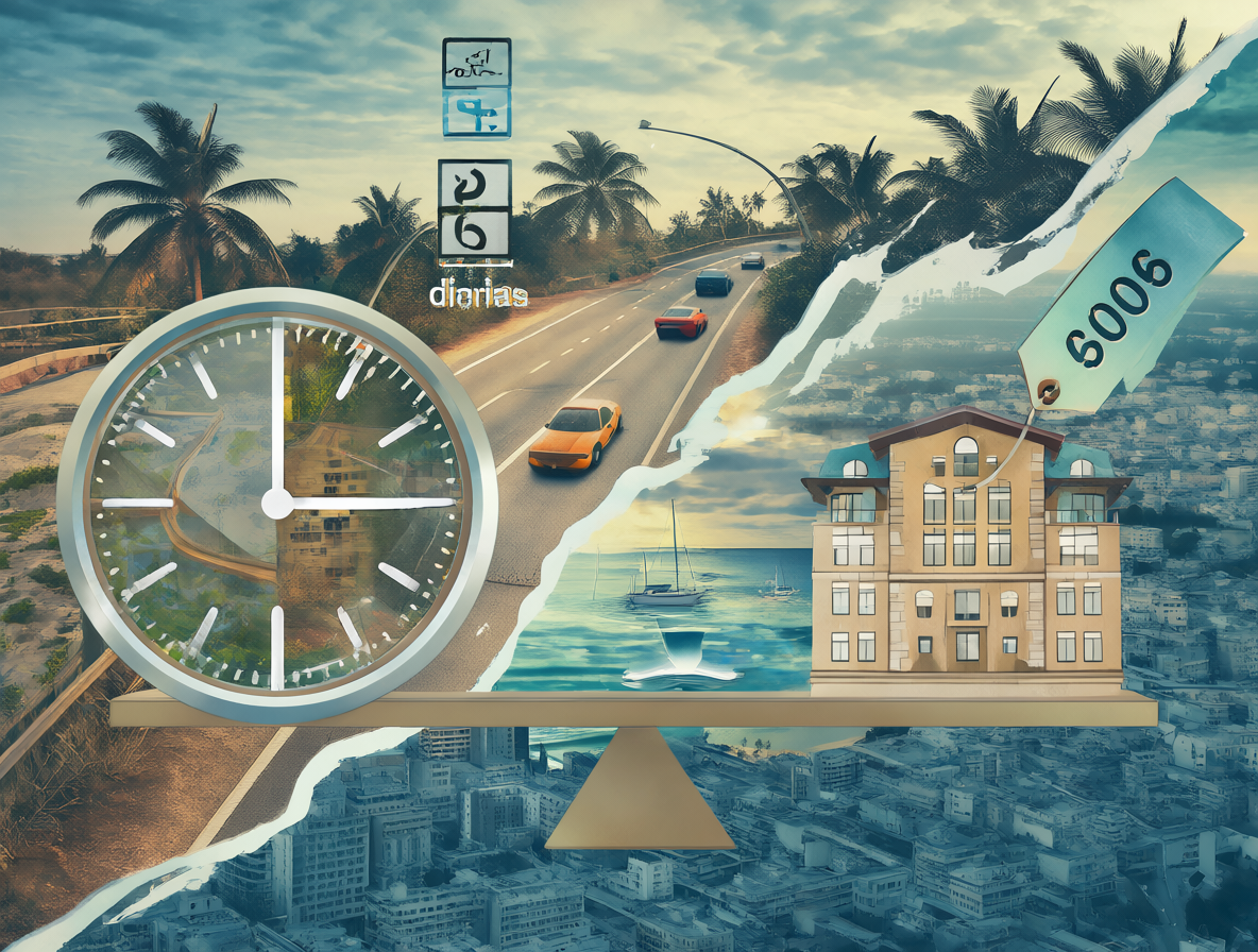 Gráfico conceptual que muestra la comparación entre el tiempo perdido en el viaje diario y el costo del alojamiento, equilibrando ambos elementos para decidir.