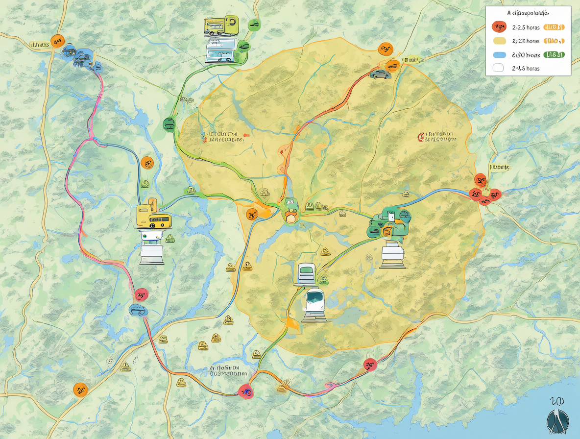 Mapa detallado con tres zonas geográficas que muestran las distancias de commuting, sus tiempos estimados y los iconos de transporte correspondientes.