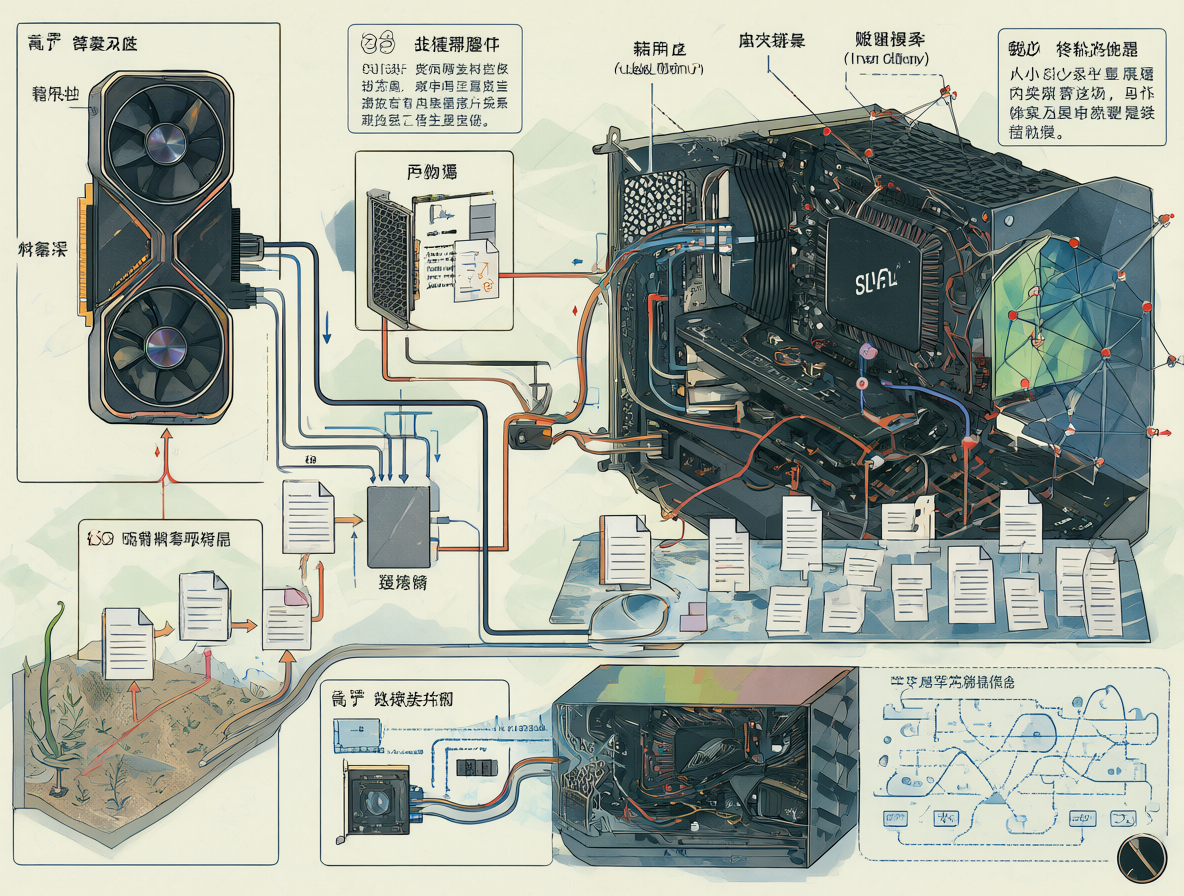 Diagrama técnico mostrando un PC con una tarjeta gráfica RTX 3060 conectado a una red local, ilustrando cómo Ollama y Open WebUI procesan documentos localmente mediante RAGFlow o Dify sin límites de nube.