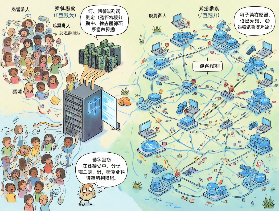 Ilustración dividida mostrando un solo servidor central atascado por la carga de GPU frente a múltiples nodos locales ejecutando su propia inferencia eficientemente en una red.