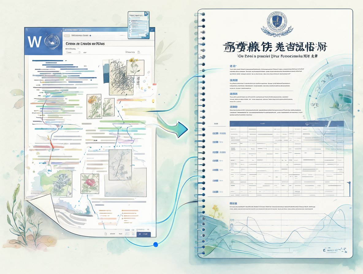 Ilustración digital mostrando un documento Word siendo refinado por una herramienta de inteligencia artificial para cumplir con estándares institucionales.