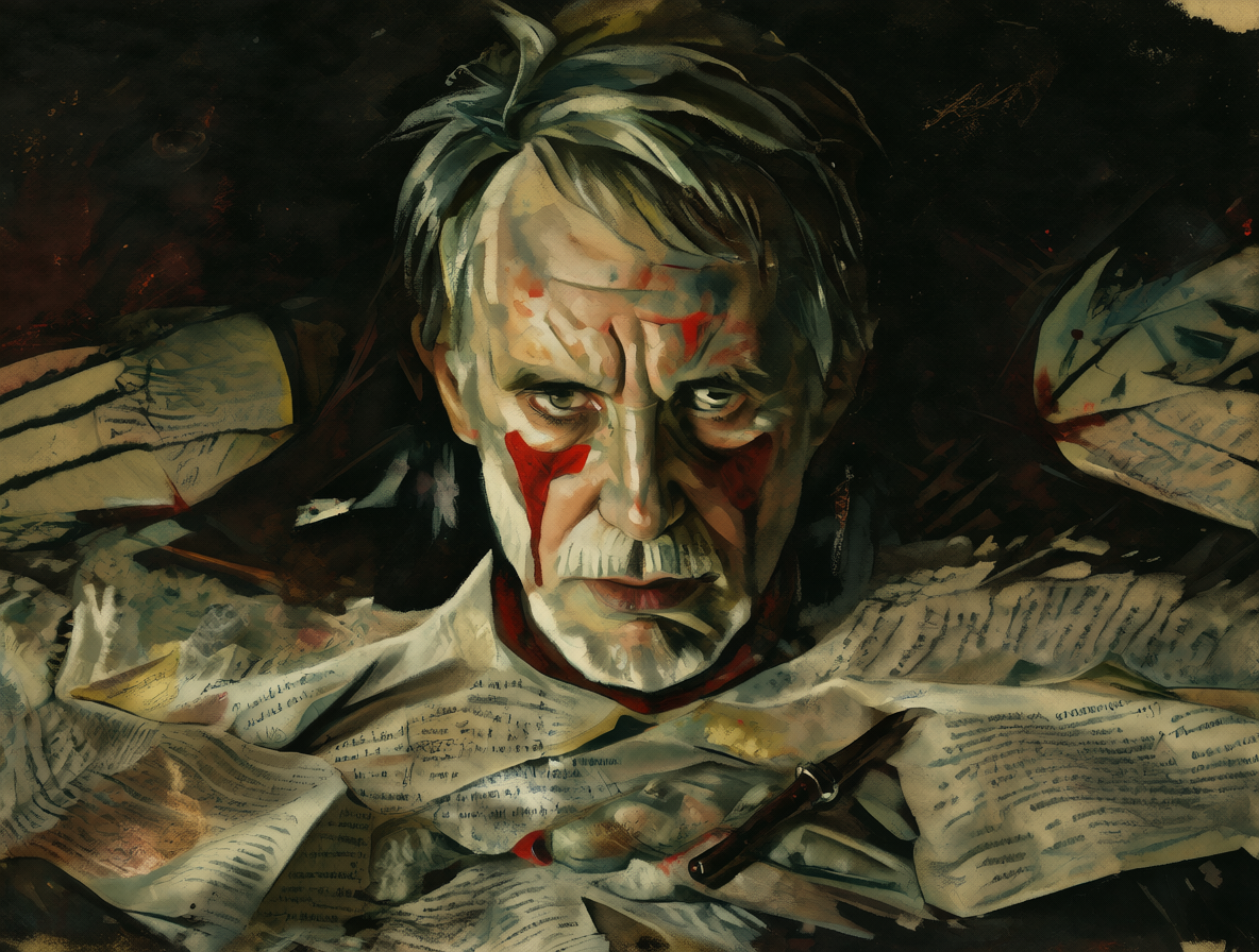 Retrato del escritor William Peter Blatty rodeado de material de escritura.