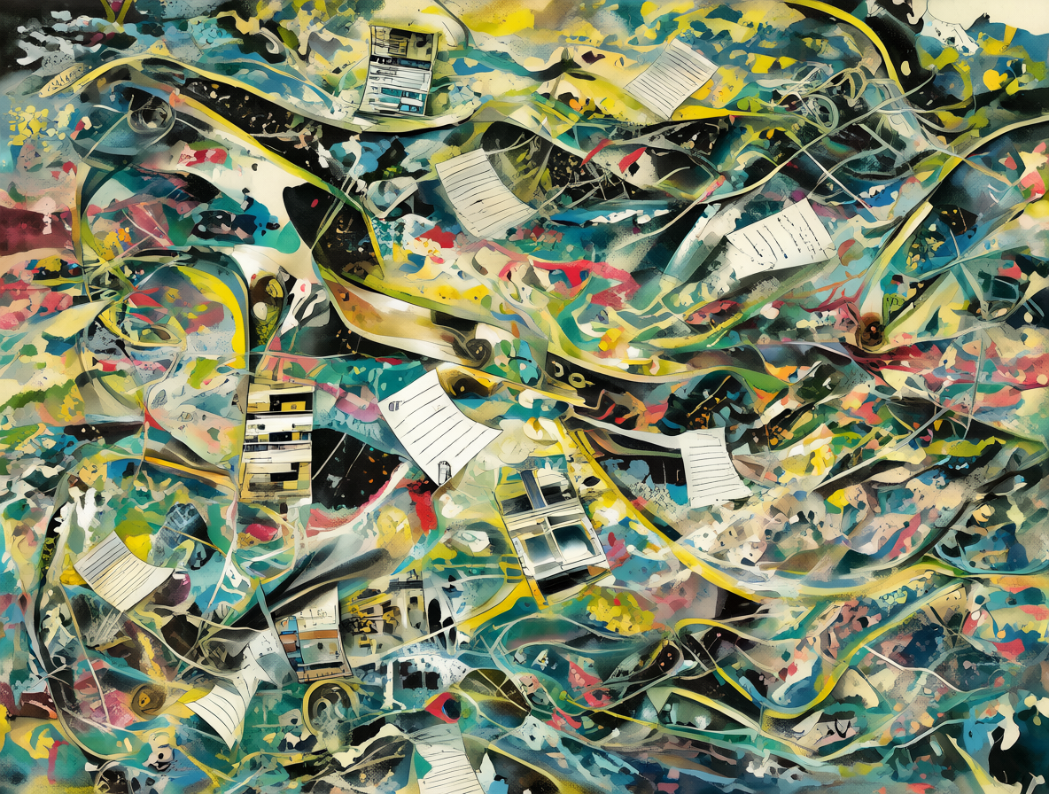 Ilustración abstracta mostrando el caos interno de una impresora con drivers, saltos de página y hojas en blanco.
