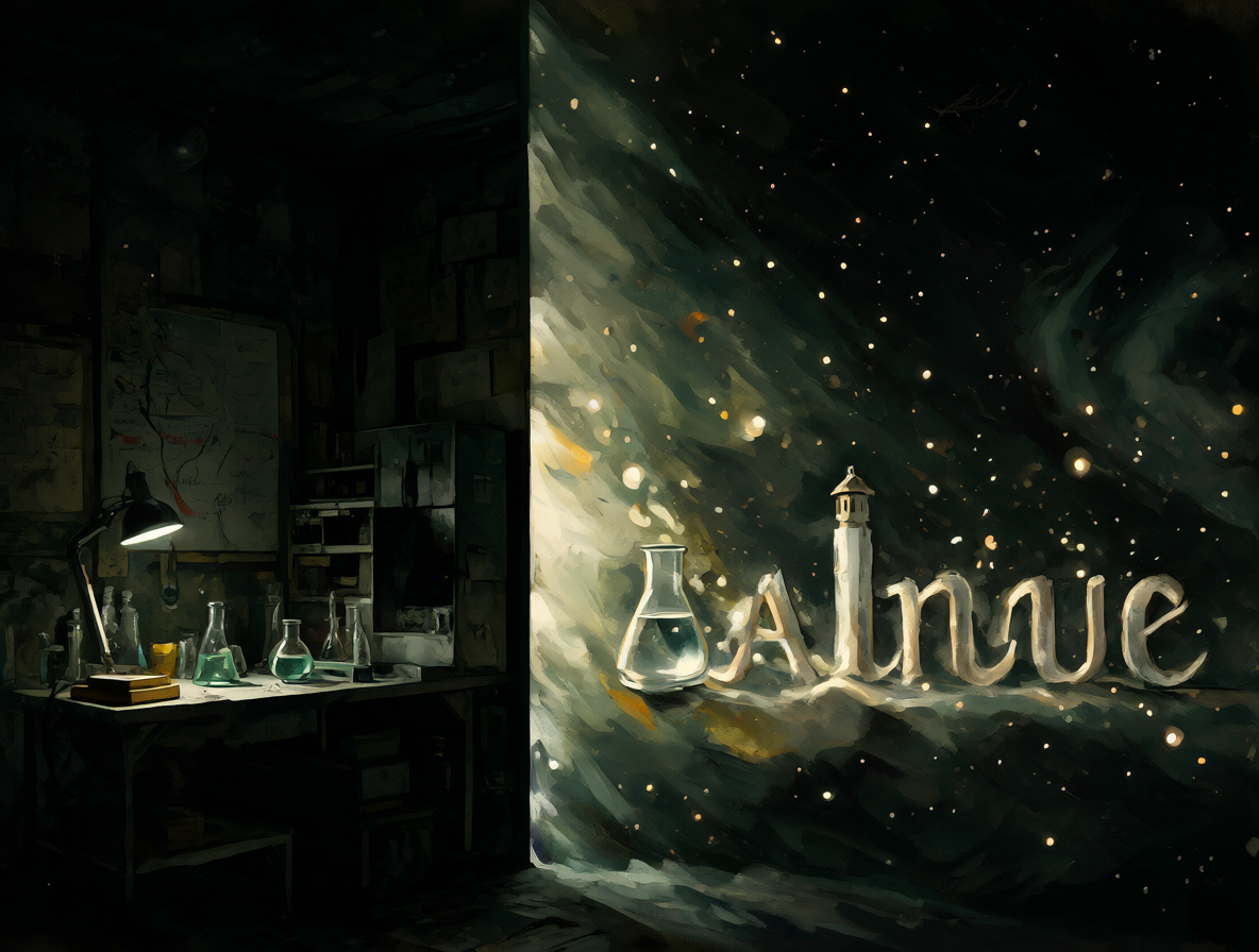 Ilustración dividida mostrando un laboratorio y una escena de escritura lírica con iluminación dramática