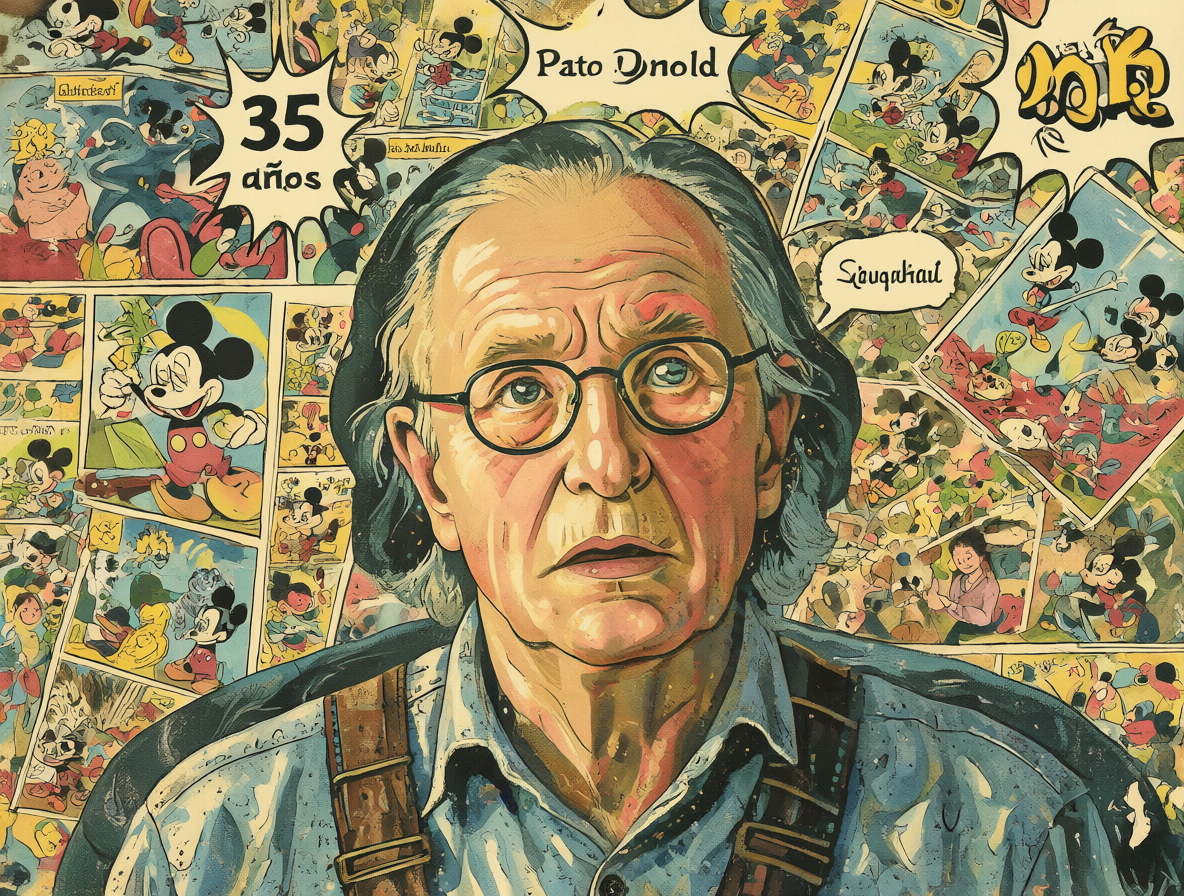 Retrato de un hombre mayor con gafas llamado Vicar, frente a un fondo lleno de paneles de cómics antiguos y texto flotante sobre su carrera.