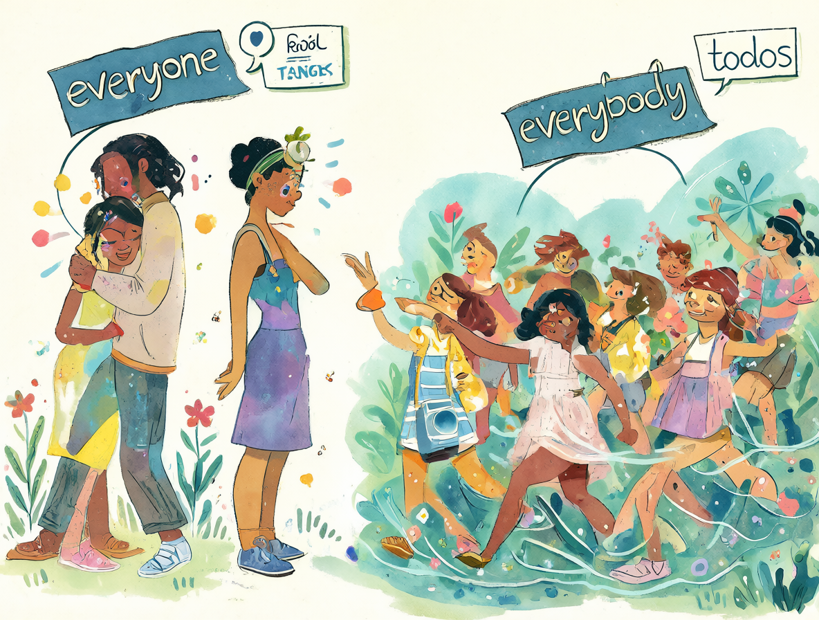 Ilustración educativa comparando el uso de everybody versus everyone