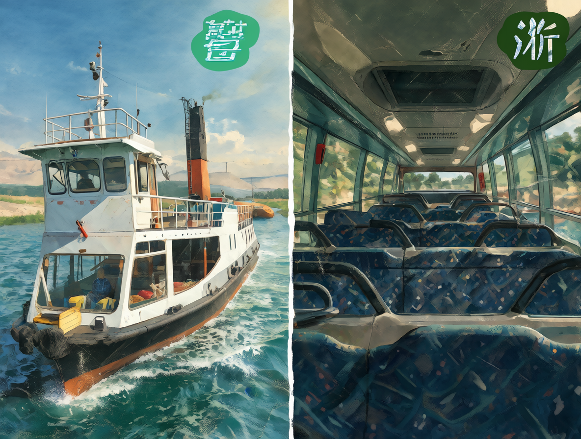 Vista dividida de un ferry y el interior de un autobús