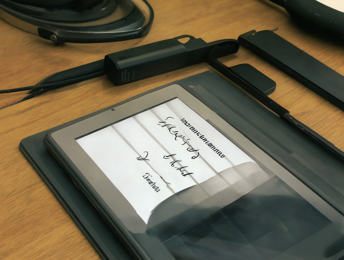 Tablet de tinta electrónica Geniatech sobre una mesa de madera con luz natural.