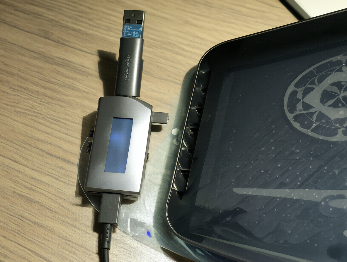 Hub USB-C conectado a un dispositivo electrónico.