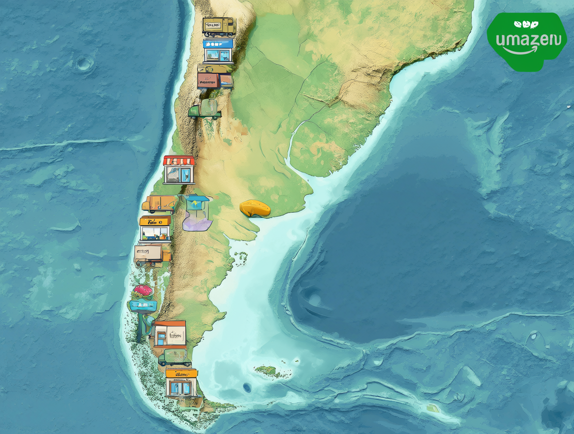 Mapa geográfico de Chile con logos de plataformas de comercio electrónico.