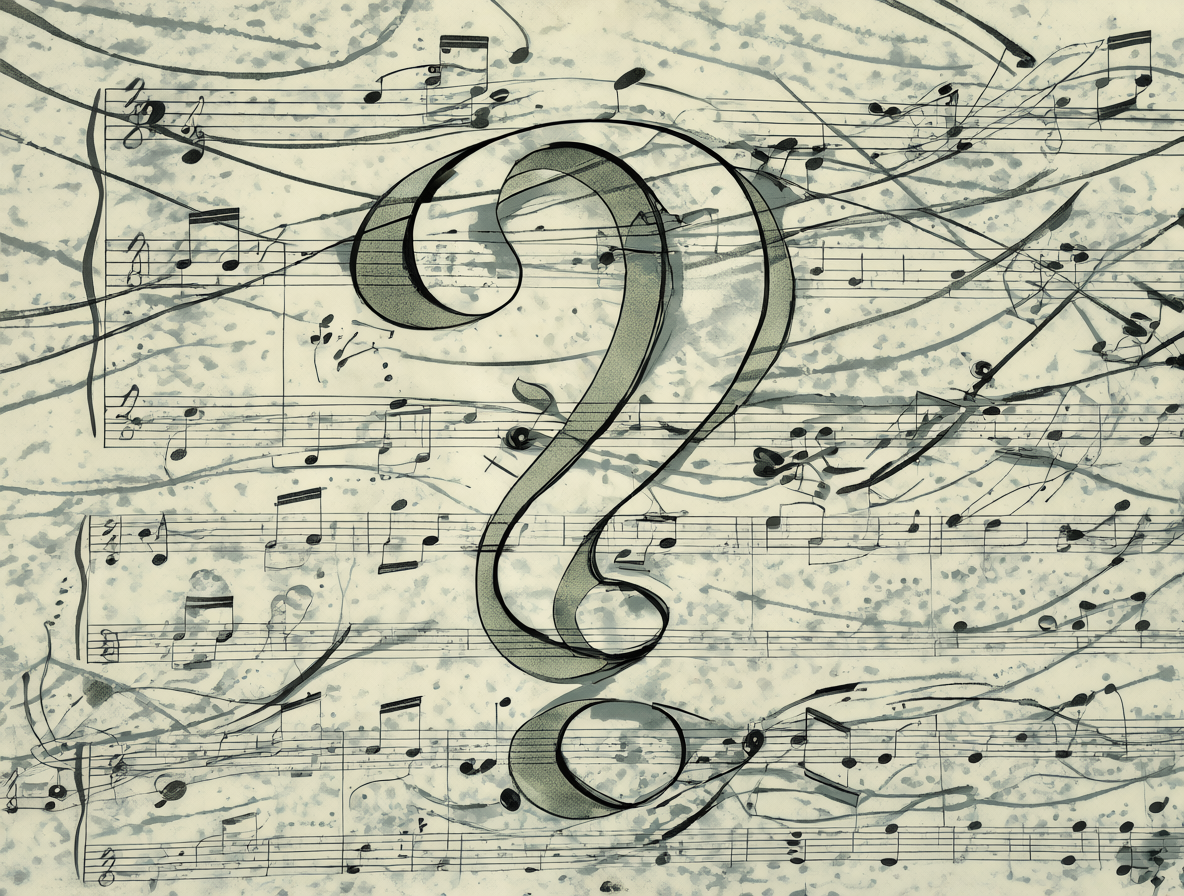 Partitura musical abstracta con una interrogación flotante sobre traducir notas vocales.
