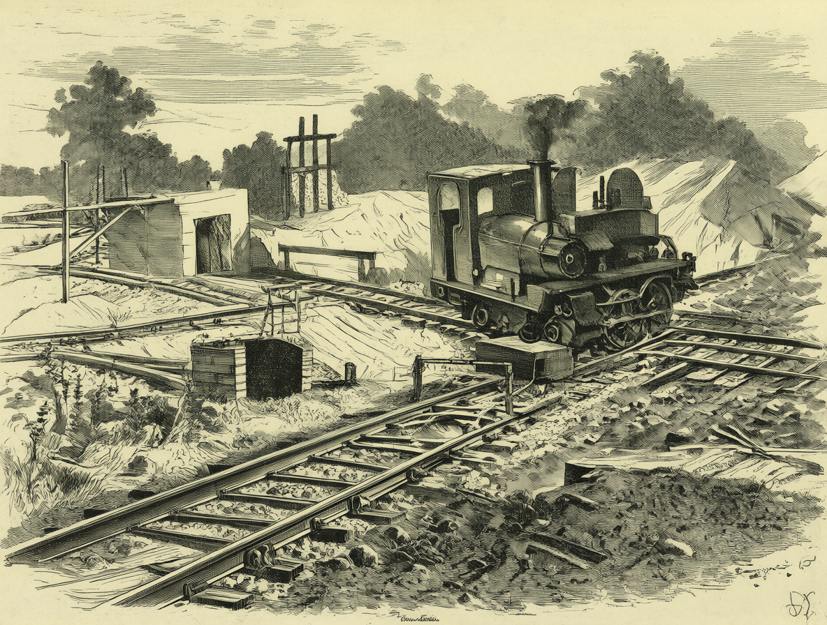 Early railway tracks and a steam locomotive