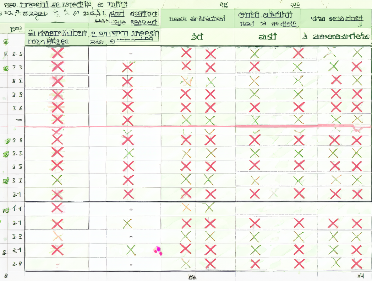 Diagrama de una hoja de cálculo mostrando una matriz de incidencia binaria con encabezados B y filas A, marcando coincidencias con letras X en las intersecciones correctas.