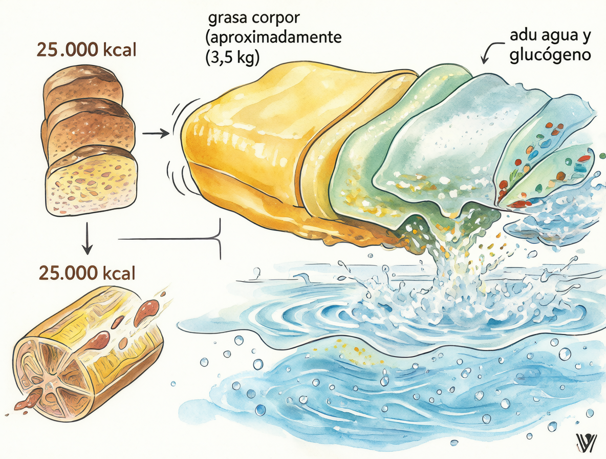 Gráfico visual que ilustra la diferencia calórica entre el pan consumido y la grasa corporal, junto con la retención de agua asociada a los carbohidratos.