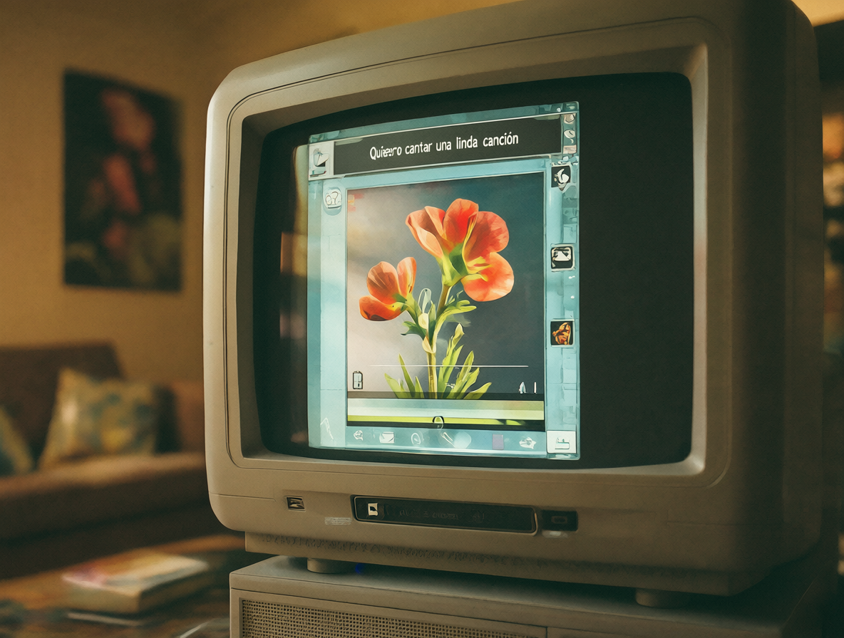 Vista cercana del reproductor Winamp con la canción 'Quiero cantar una linda canción' sonando en un escritorio retro.